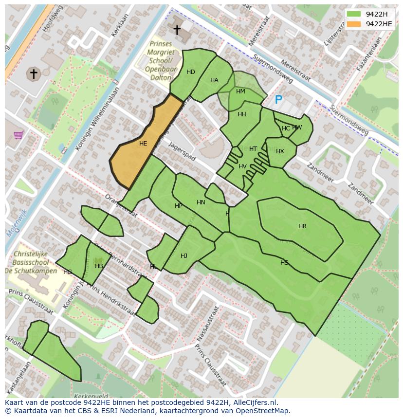 Afbeelding van het postcodegebied 9422 HE op de kaart.