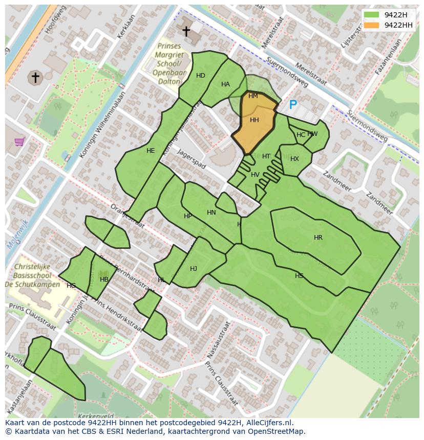 Afbeelding van het postcodegebied 9422 HH op de kaart.