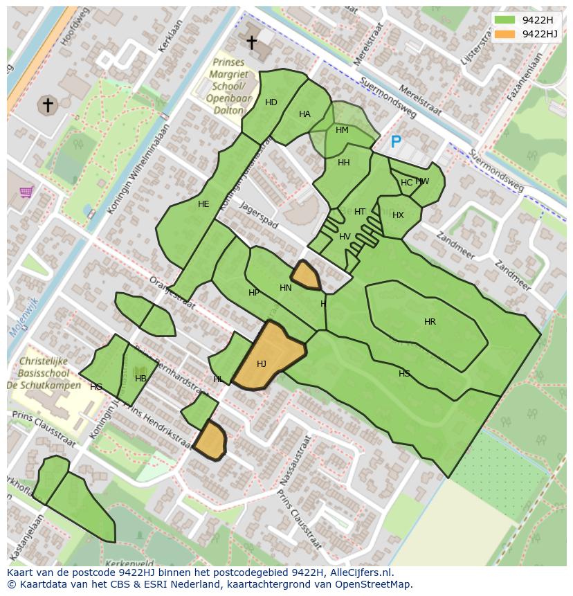Afbeelding van het postcodegebied 9422 HJ op de kaart.