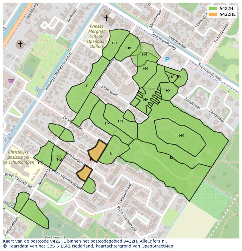 Afbeelding van het postcodegebied 9422 HL op de kaart.