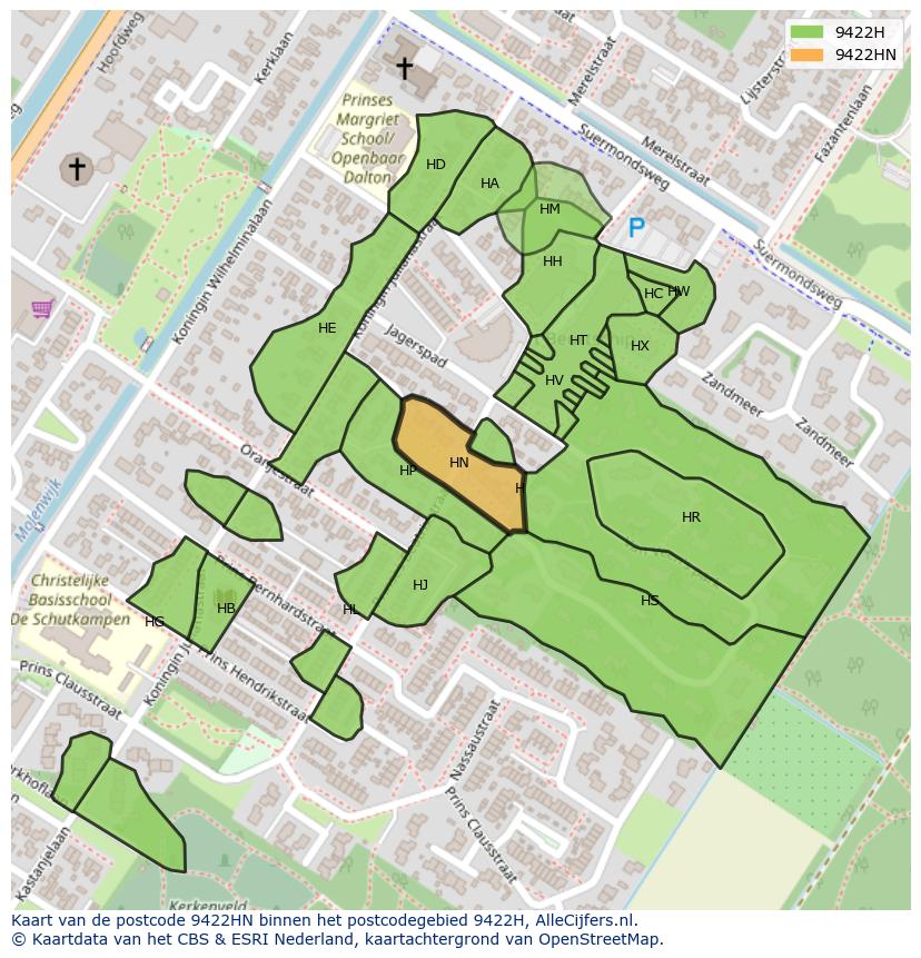 Afbeelding van het postcodegebied 9422 HN op de kaart.
