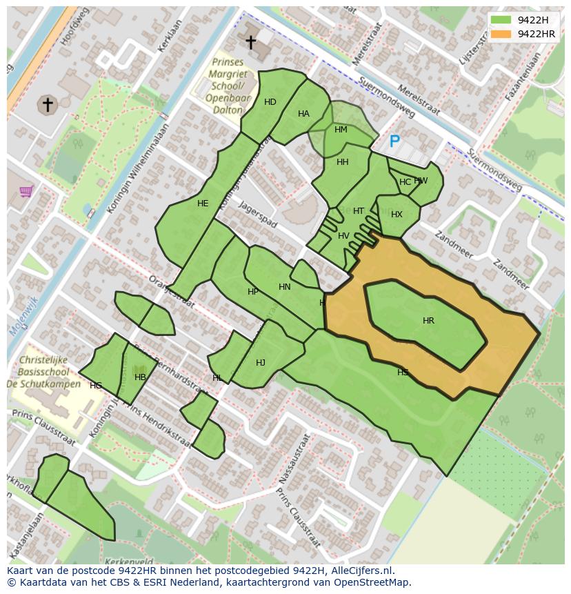 Afbeelding van het postcodegebied 9422 HR op de kaart.