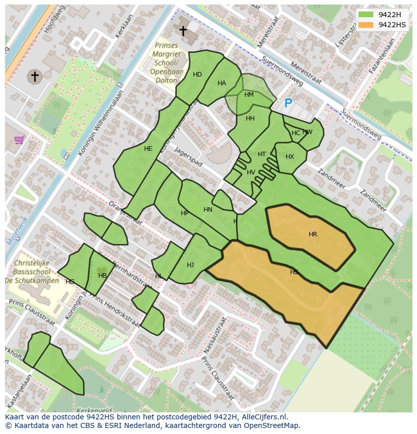 Afbeelding van het postcodegebied 9422 HS op de kaart.