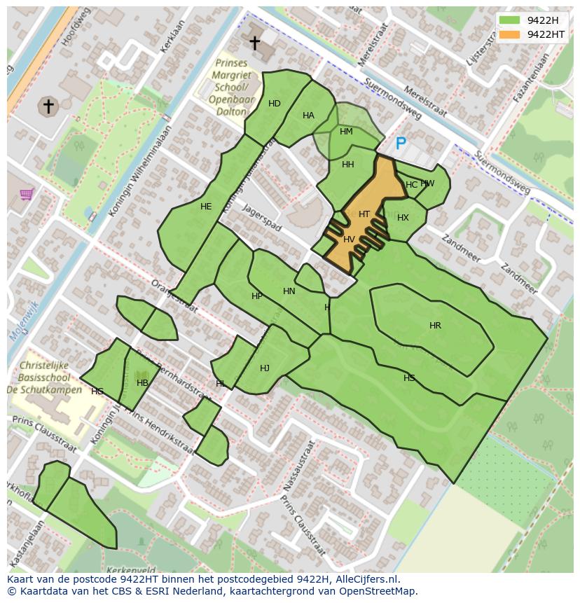 Afbeelding van het postcodegebied 9422 HT op de kaart.