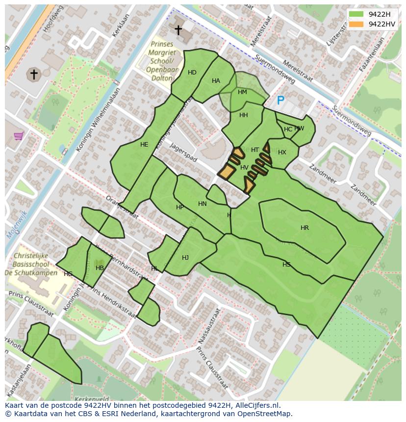 Afbeelding van het postcodegebied 9422 HV op de kaart.