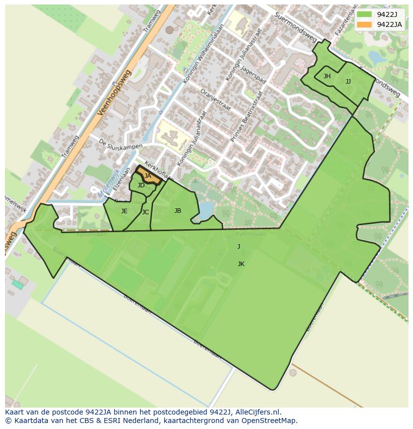 Afbeelding van het postcodegebied 9422 JA op de kaart.