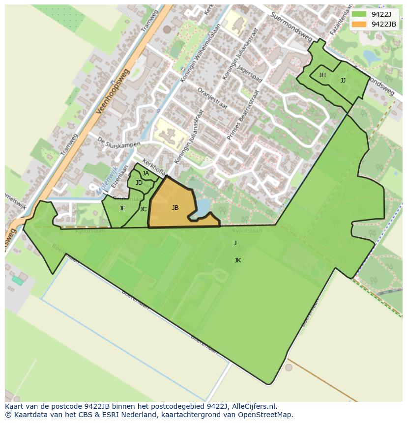 Afbeelding van het postcodegebied 9422 JB op de kaart.