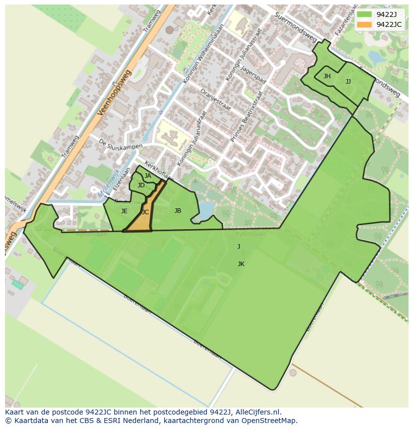 Afbeelding van het postcodegebied 9422 JC op de kaart.
