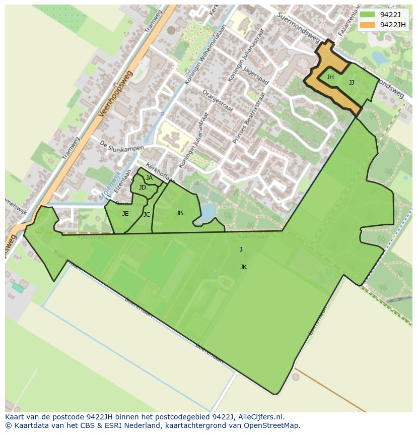 Afbeelding van het postcodegebied 9422 JH op de kaart.
