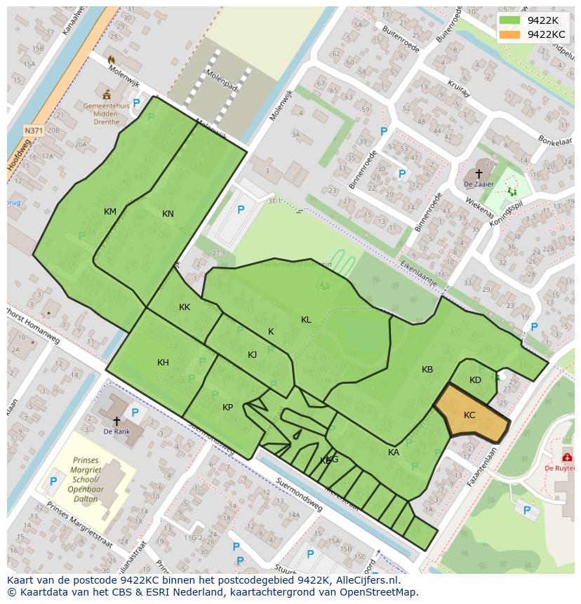 Afbeelding van het postcodegebied 9422 KC op de kaart.