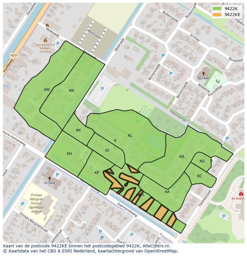 Afbeelding van het postcodegebied 9422 KE op de kaart.