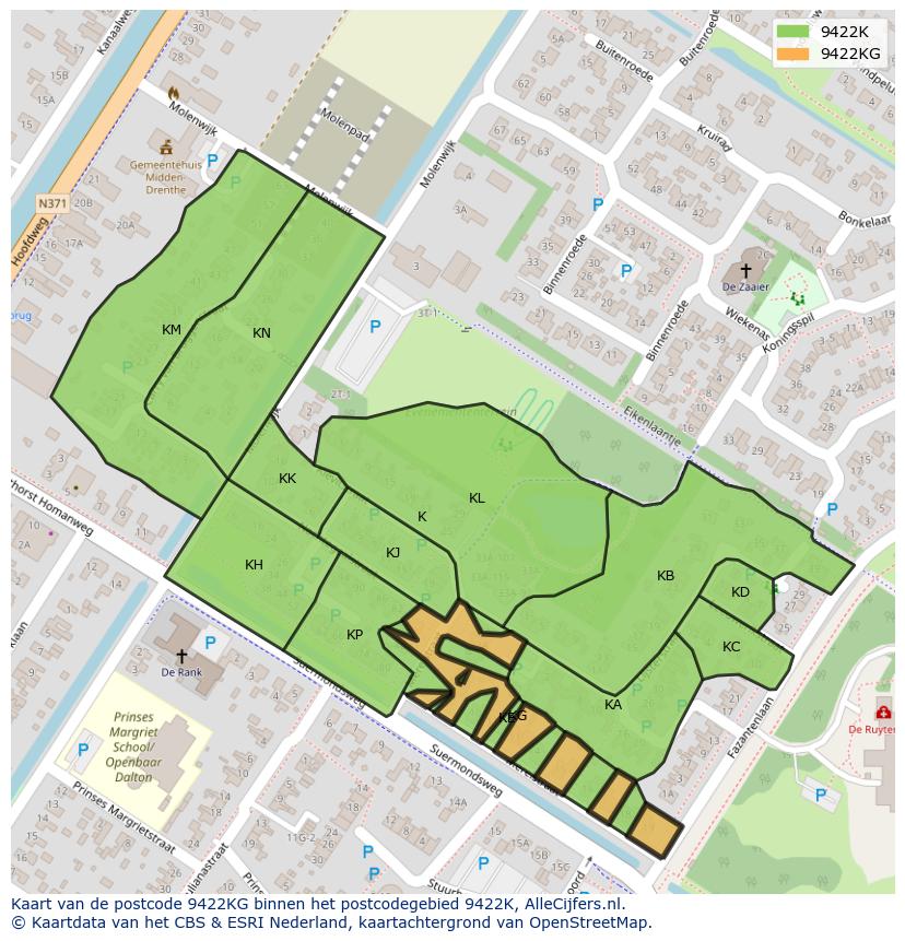 Afbeelding van het postcodegebied 9422 KG op de kaart.
