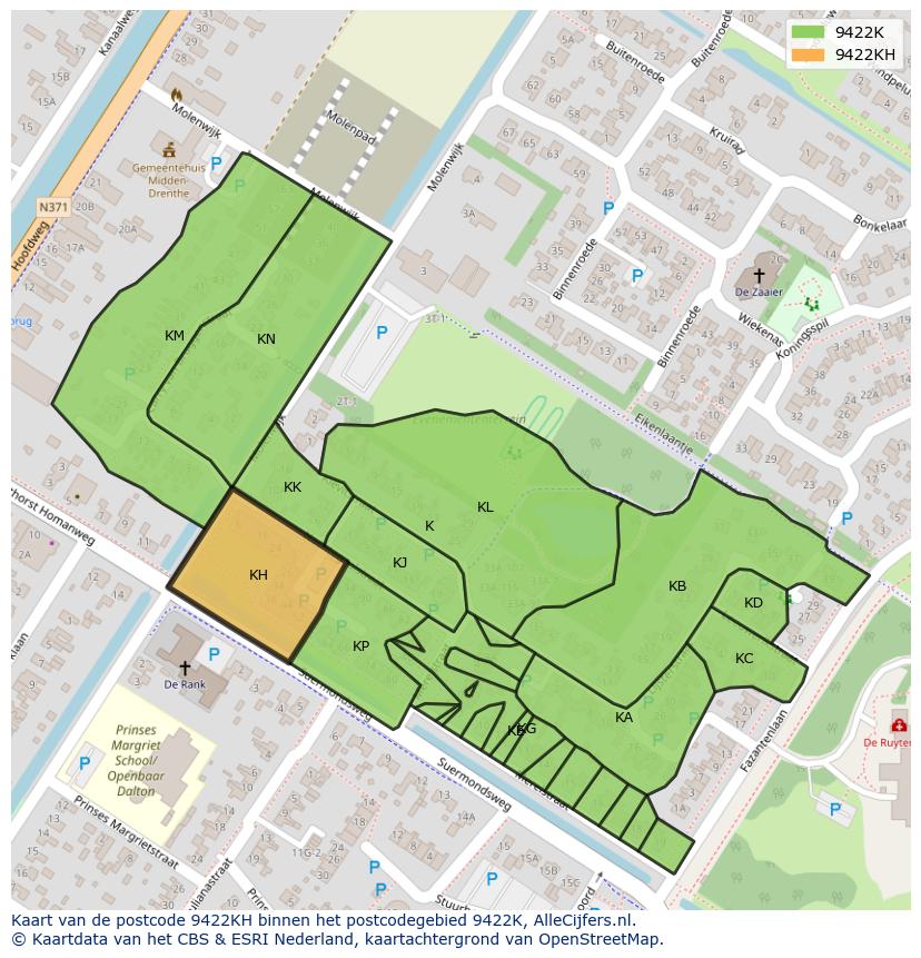 Afbeelding van het postcodegebied 9422 KH op de kaart.