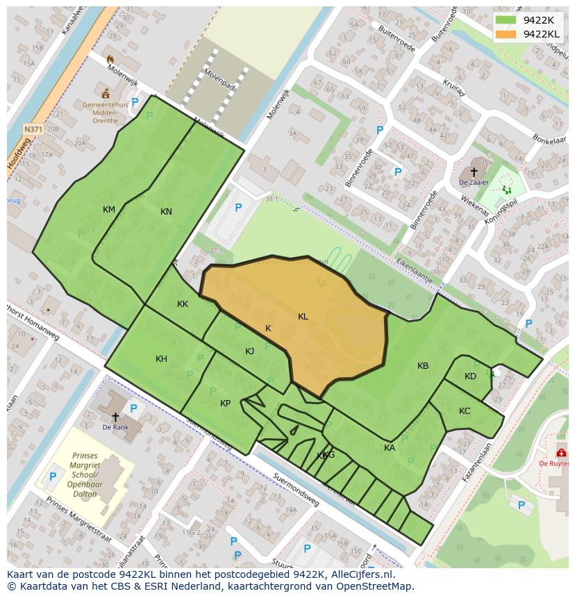 Afbeelding van het postcodegebied 9422 KL op de kaart.