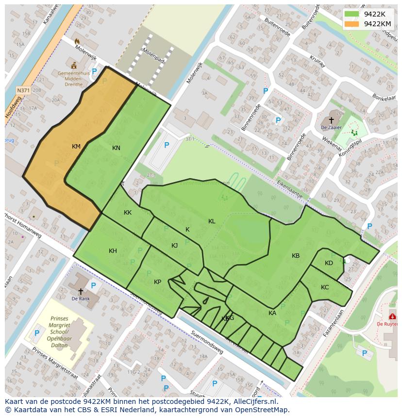 Afbeelding van het postcodegebied 9422 KM op de kaart.