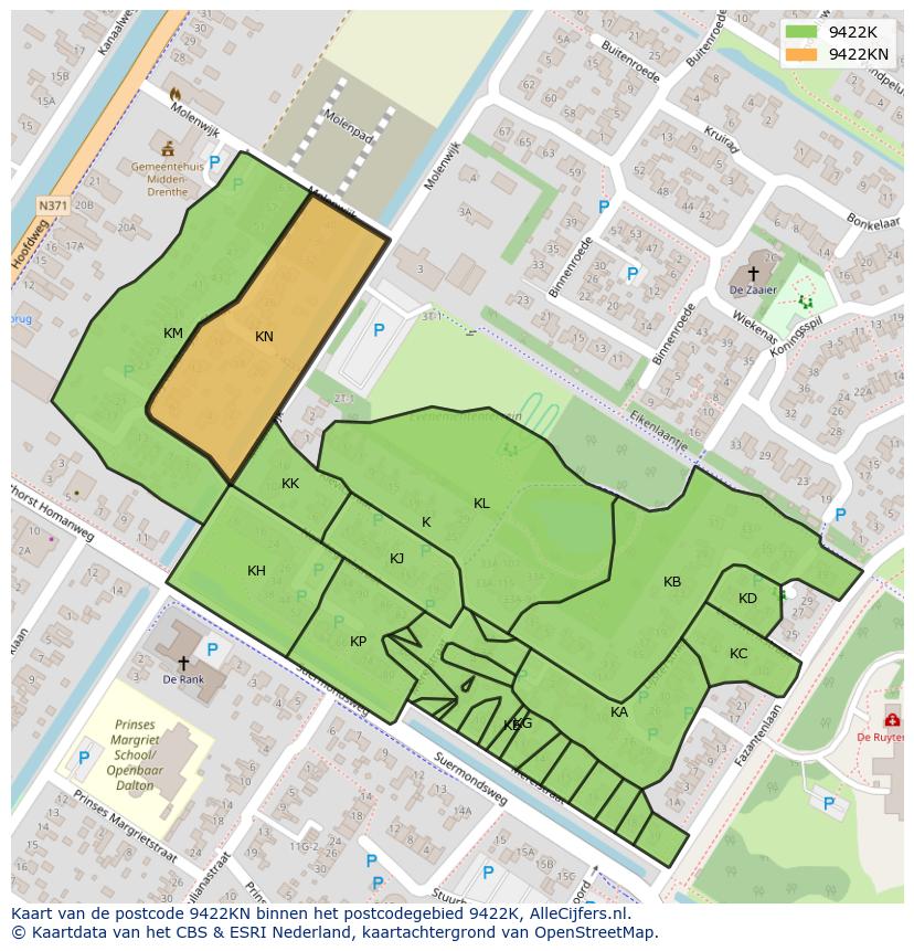 Afbeelding van het postcodegebied 9422 KN op de kaart.