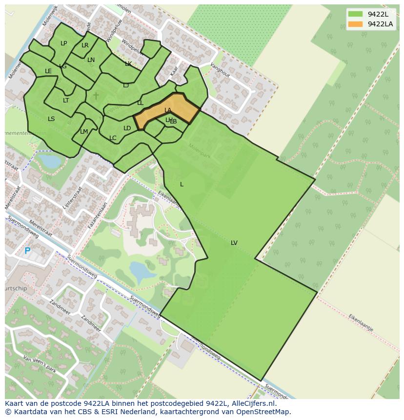 Afbeelding van het postcodegebied 9422 LA op de kaart.