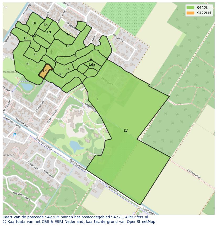 Afbeelding van het postcodegebied 9422 LM op de kaart.