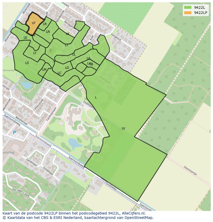 Afbeelding van het postcodegebied 9422 LP op de kaart.