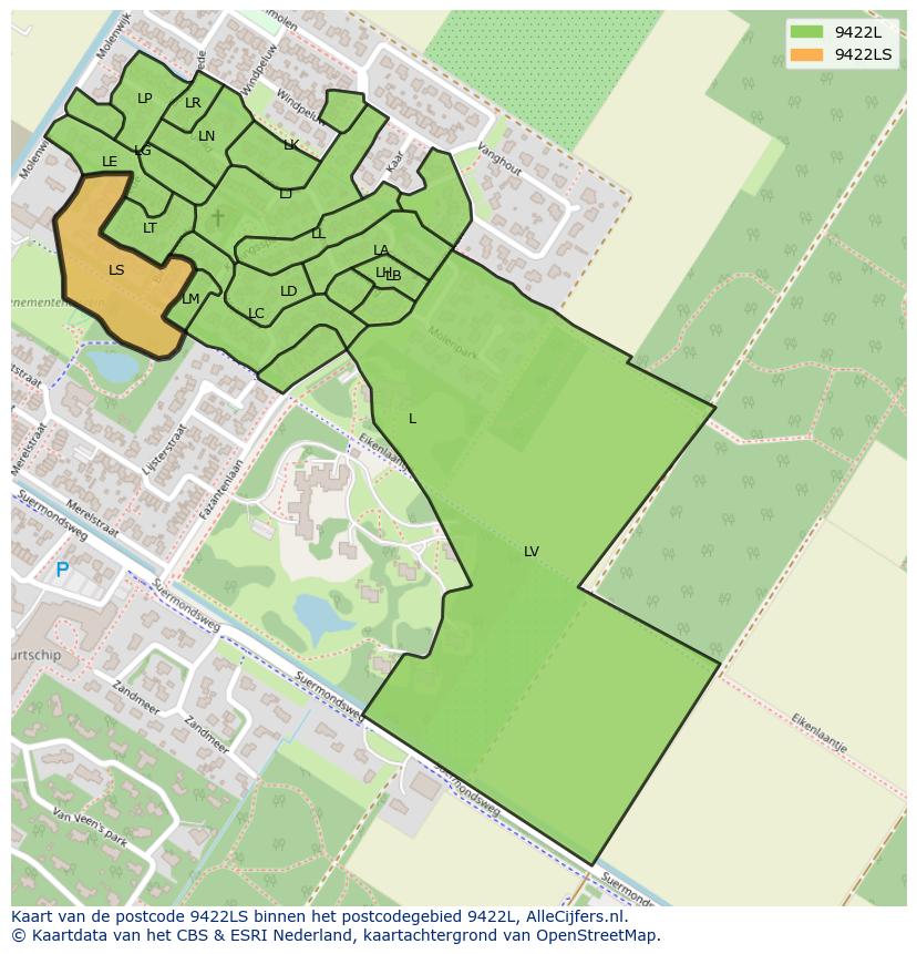 Afbeelding van het postcodegebied 9422 LS op de kaart.