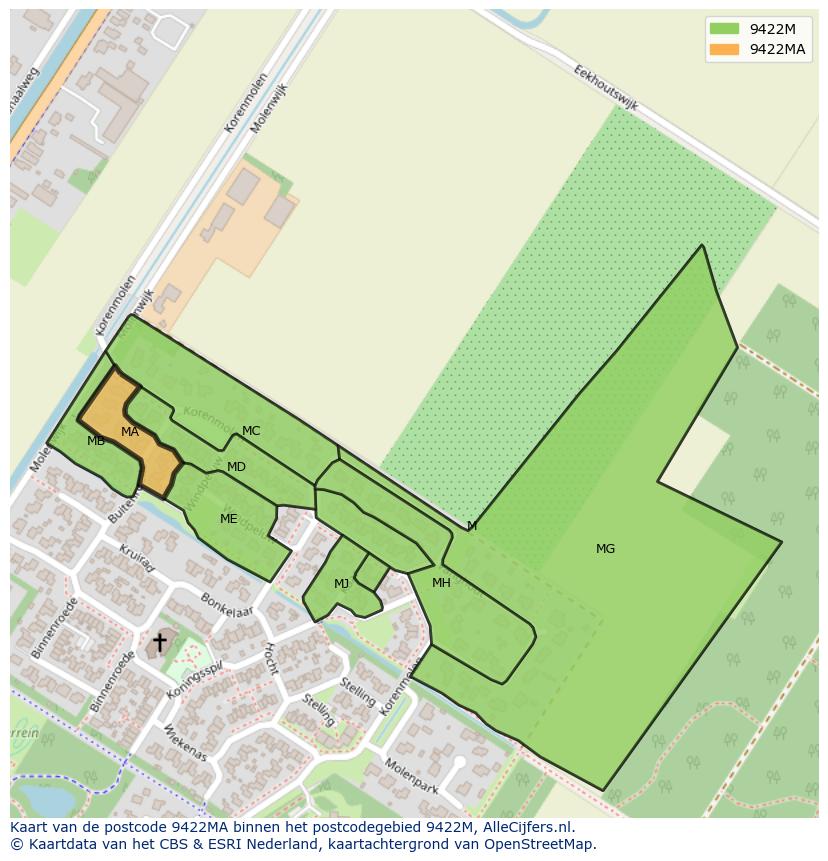 Afbeelding van het postcodegebied 9422 MA op de kaart.
