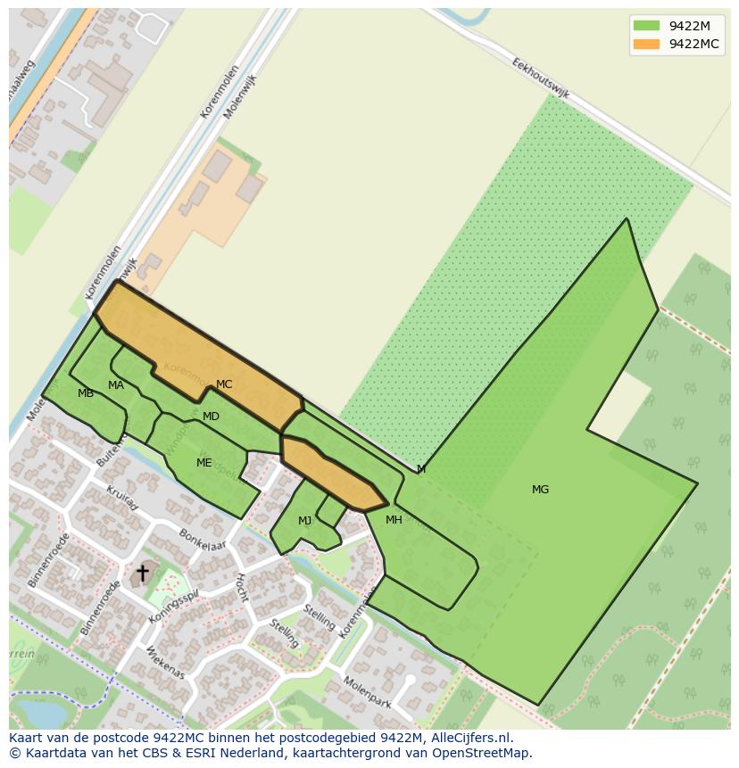 Afbeelding van het postcodegebied 9422 MC op de kaart.