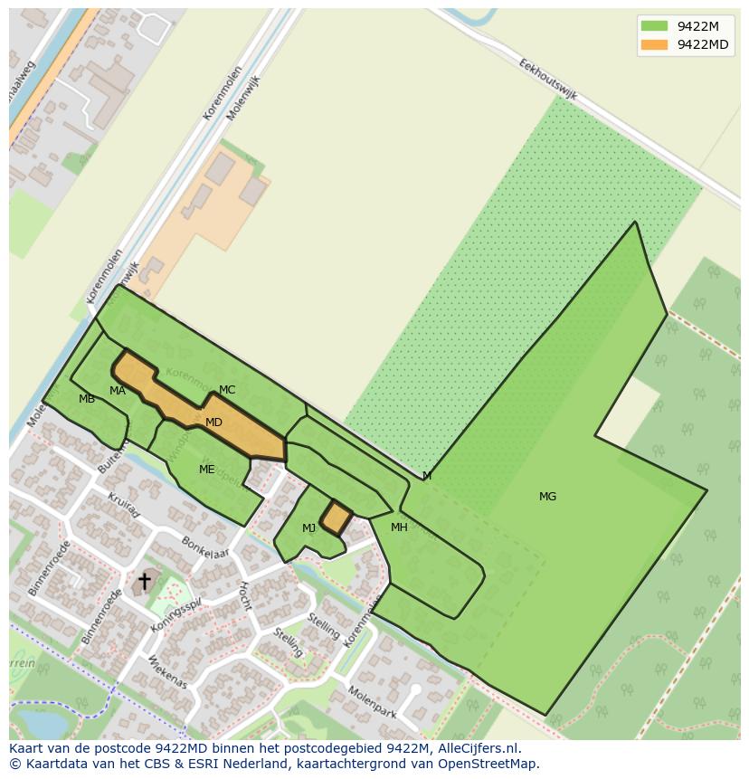 Afbeelding van het postcodegebied 9422 MD op de kaart.