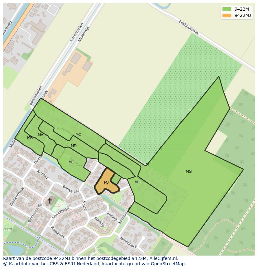 Afbeelding van het postcodegebied 9422 MJ op de kaart.