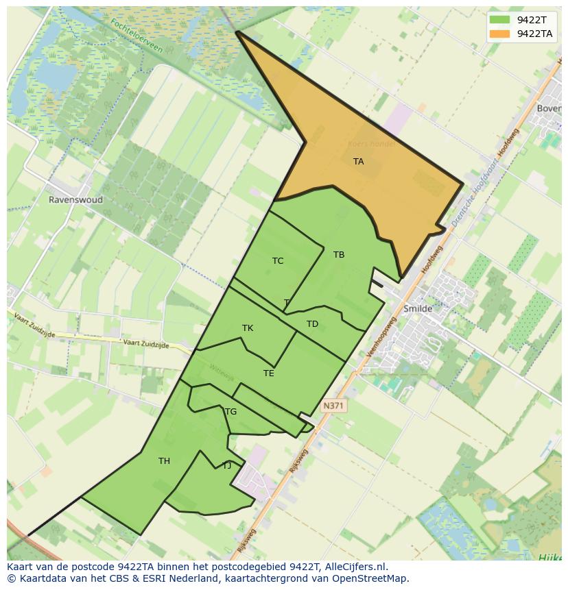 Afbeelding van het postcodegebied 9422 TA op de kaart.