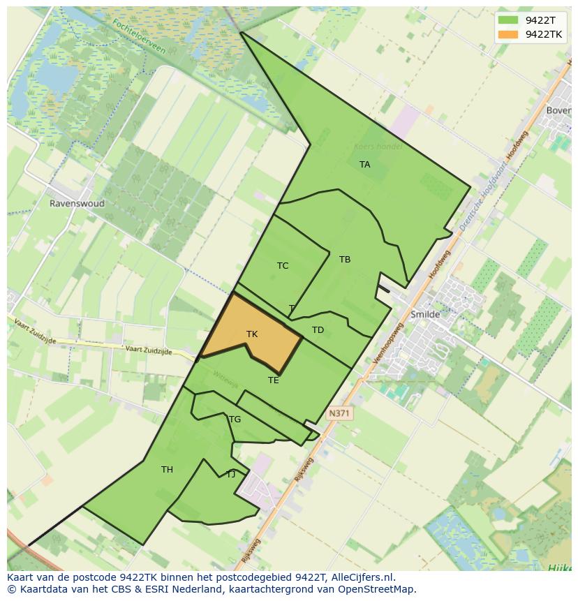 Afbeelding van het postcodegebied 9422 TK op de kaart.