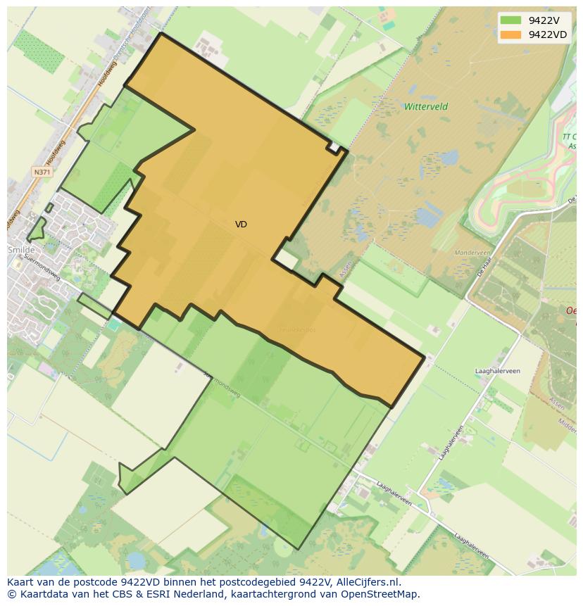 Afbeelding van het postcodegebied 9422 VD op de kaart.