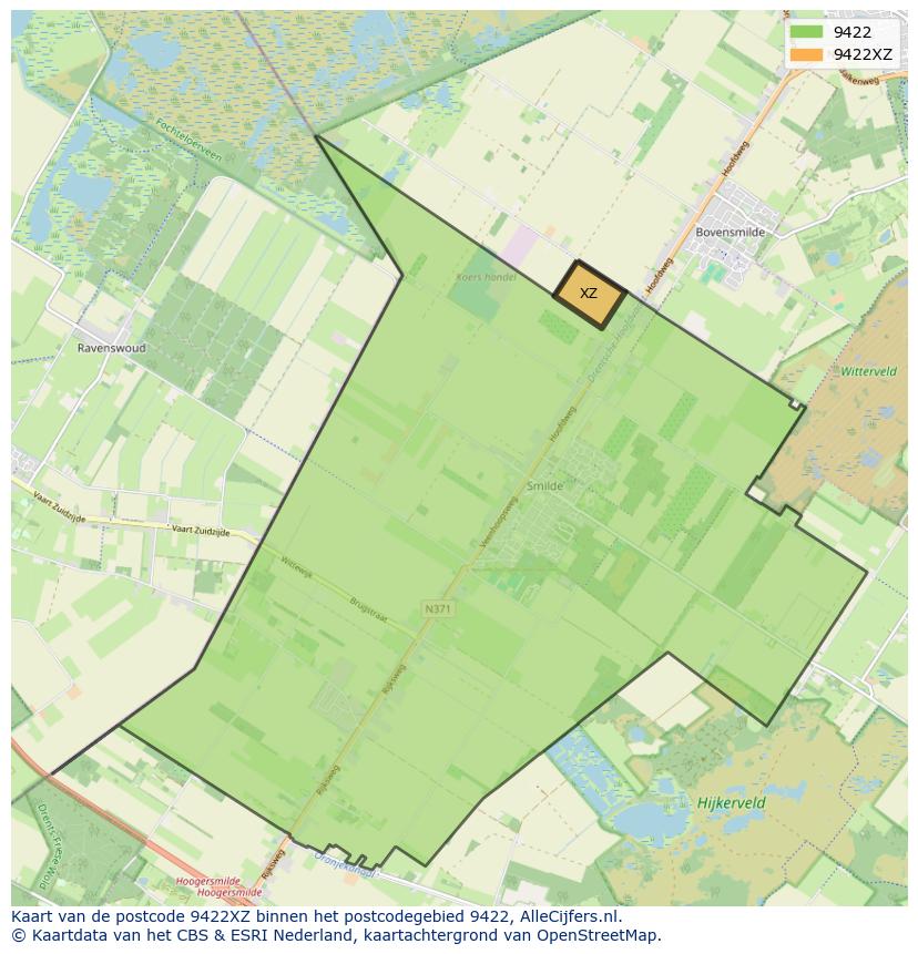 Afbeelding van het postcodegebied 9422 XZ op de kaart.