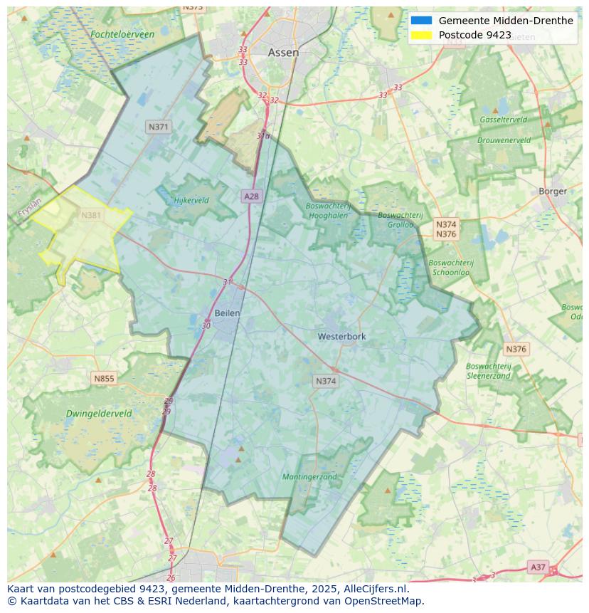 Afbeelding van het postcodegebied 9423 op de kaart.