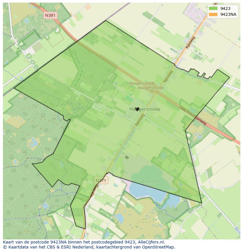 Afbeelding van het postcodegebied 9423 NA op de kaart.