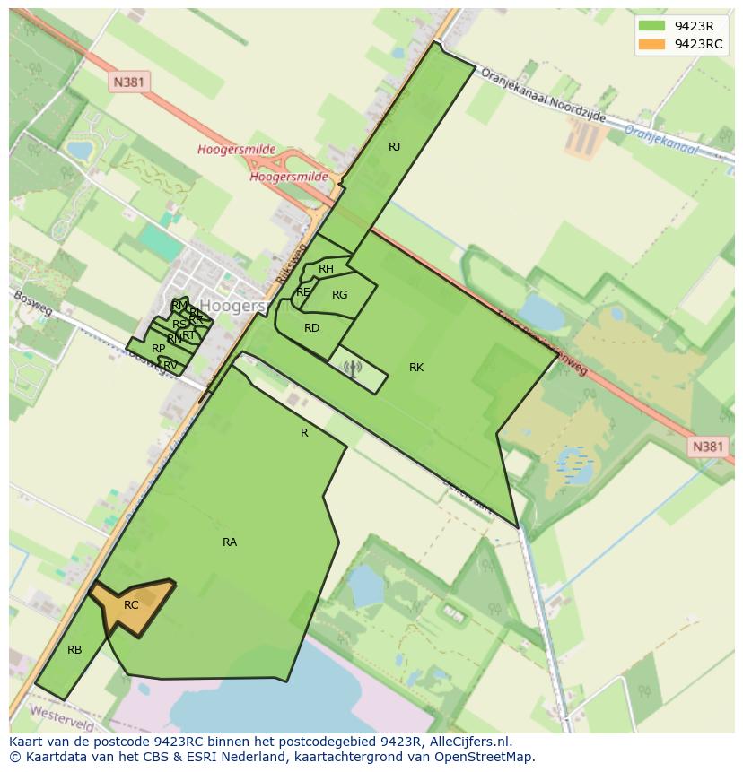 Afbeelding van het postcodegebied 9423 RC op de kaart.