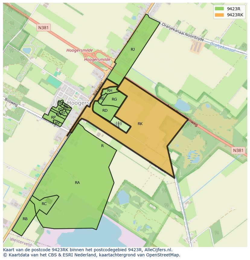 Afbeelding van het postcodegebied 9423 RK op de kaart.
