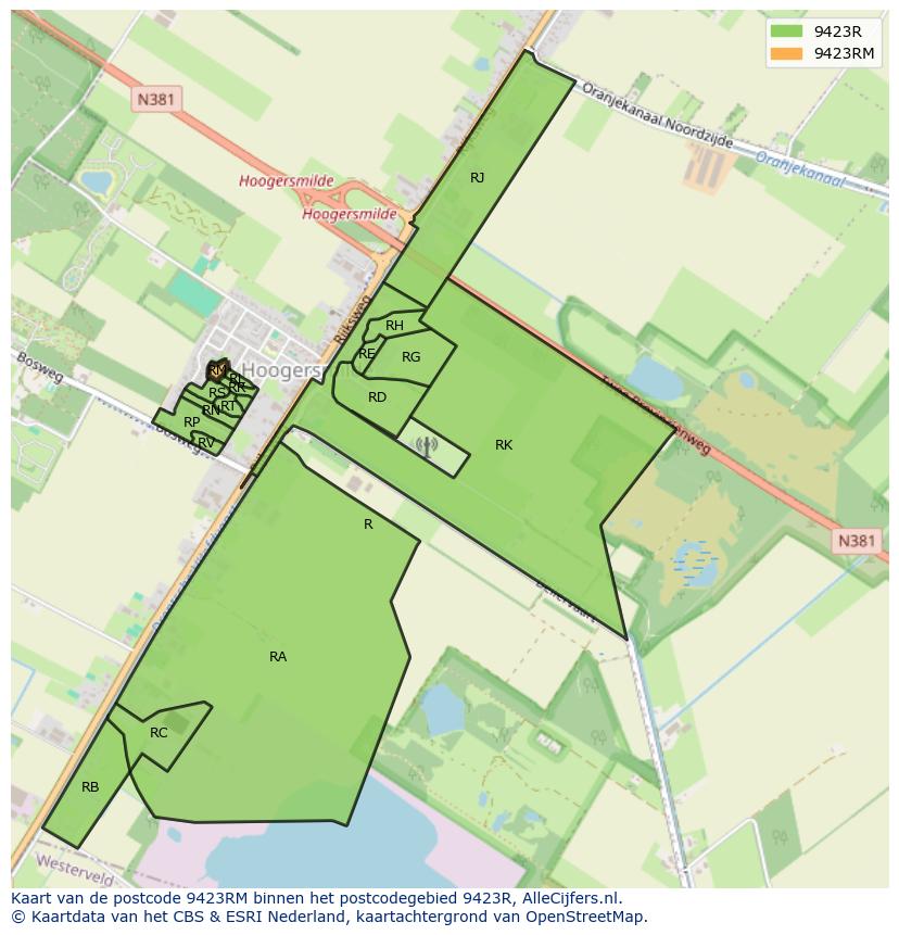 Afbeelding van het postcodegebied 9423 RM op de kaart.