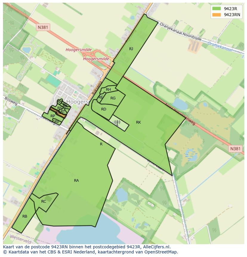 Afbeelding van het postcodegebied 9423 RN op de kaart.