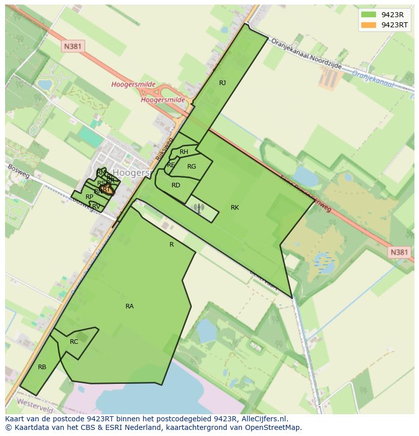 Afbeelding van het postcodegebied 9423 RT op de kaart.