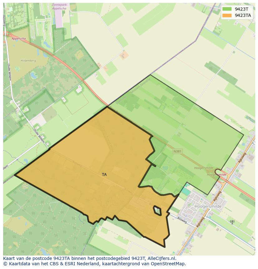 Afbeelding van het postcodegebied 9423 TA op de kaart.