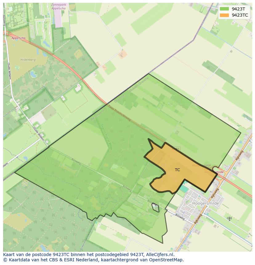 Afbeelding van het postcodegebied 9423 TC op de kaart.