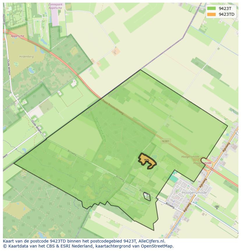 Afbeelding van het postcodegebied 9423 TD op de kaart.