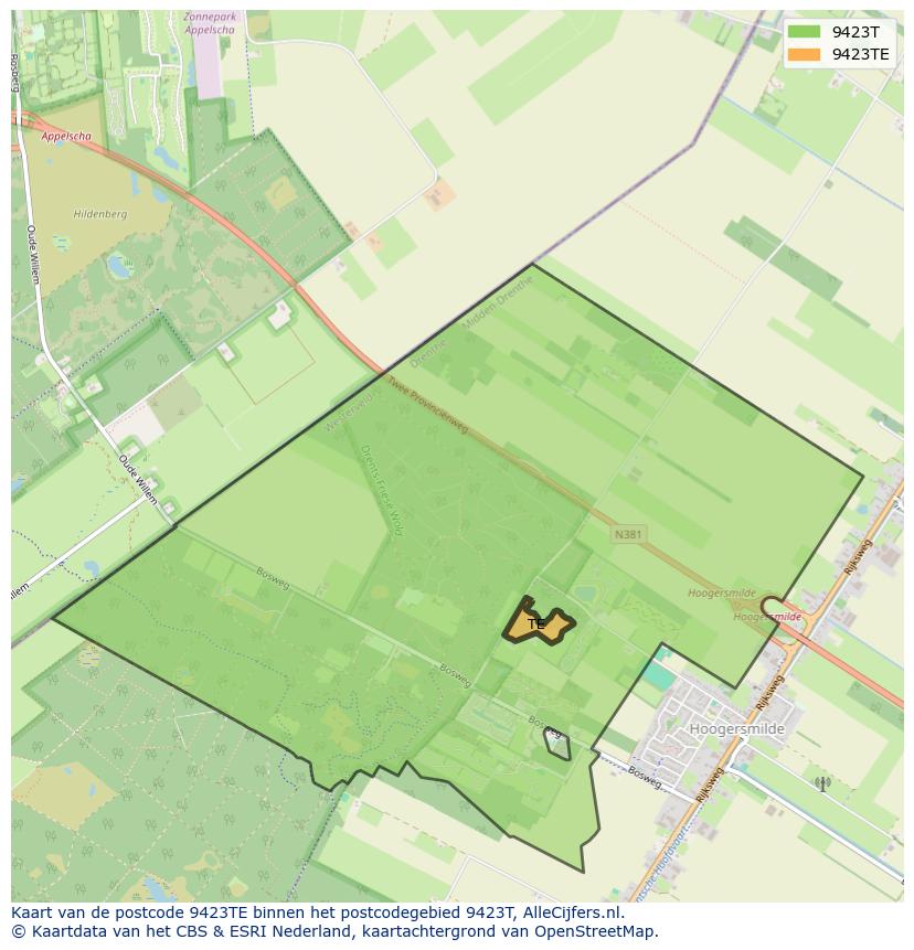 Afbeelding van het postcodegebied 9423 TE op de kaart.