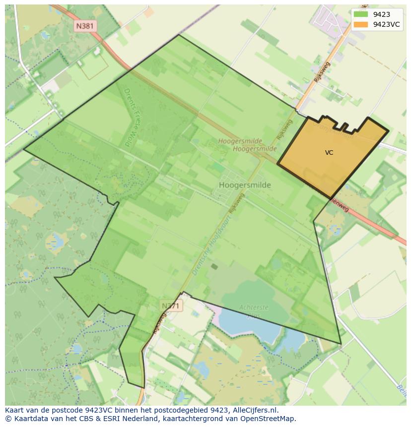 Afbeelding van het postcodegebied 9423 VC op de kaart.