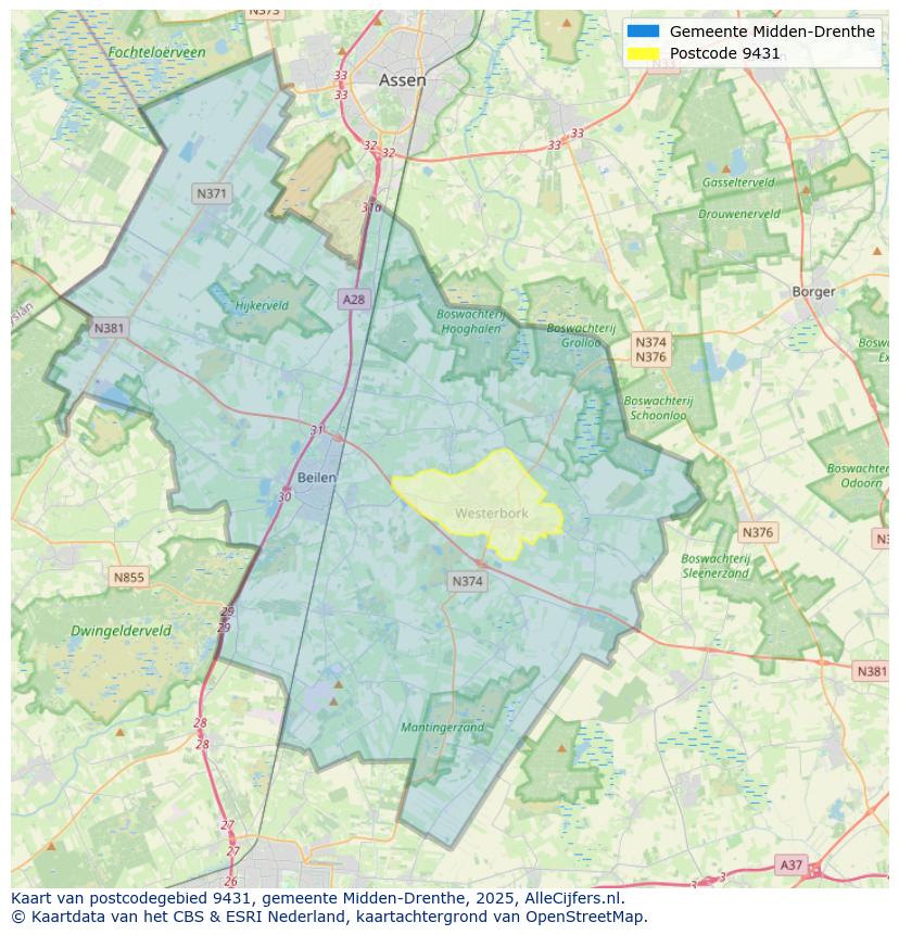 Afbeelding van het postcodegebied 9431 op de kaart.