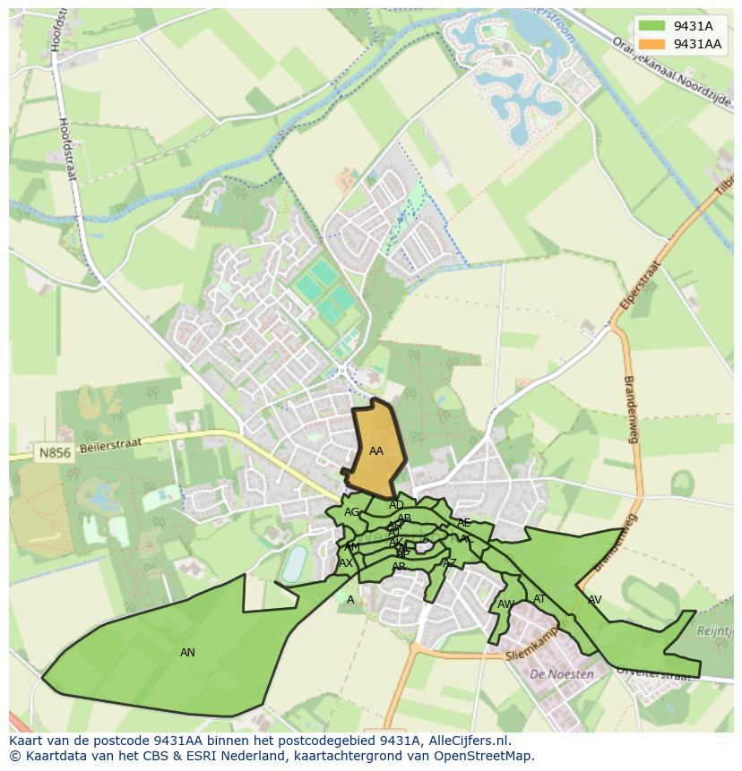 Afbeelding van het postcodegebied 9431 AA op de kaart.