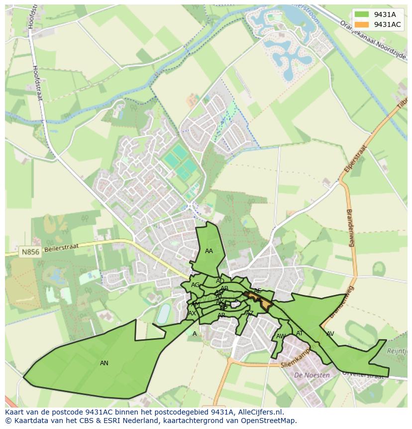 Afbeelding van het postcodegebied 9431 AC op de kaart.