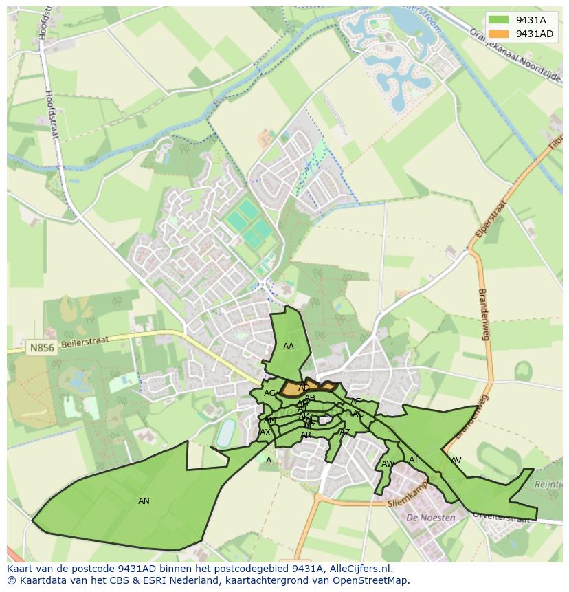Afbeelding van het postcodegebied 9431 AD op de kaart.