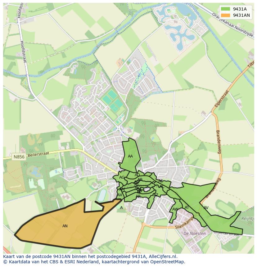 Afbeelding van het postcodegebied 9431 AN op de kaart.