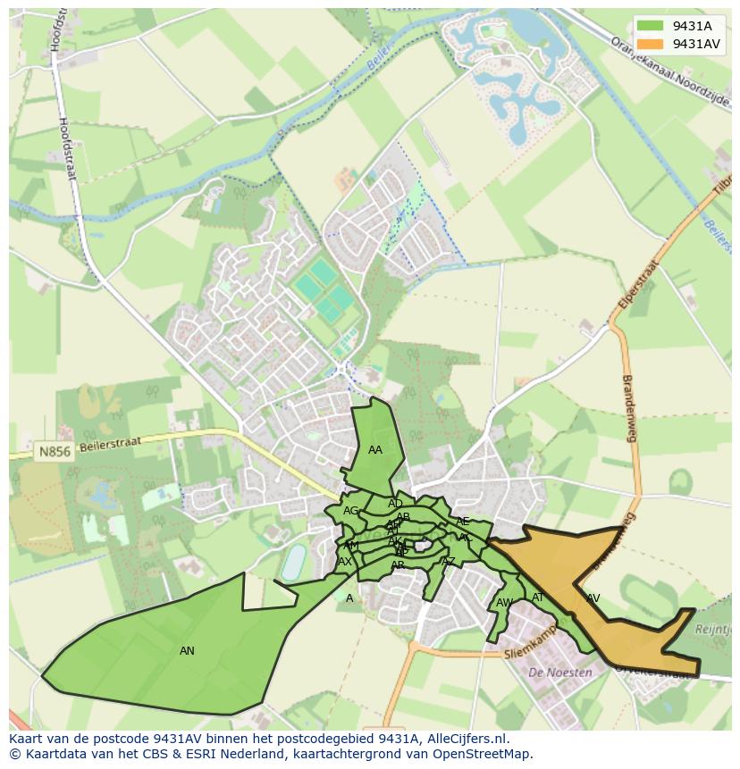 Afbeelding van het postcodegebied 9431 AV op de kaart.